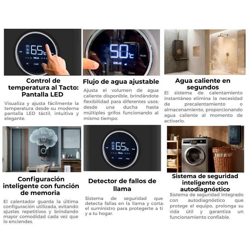 Calentador de agua a gas CLT21L Black, DRIJA encendido eléctrico automático, 35-65°C, panel de control Digital. - Image 3