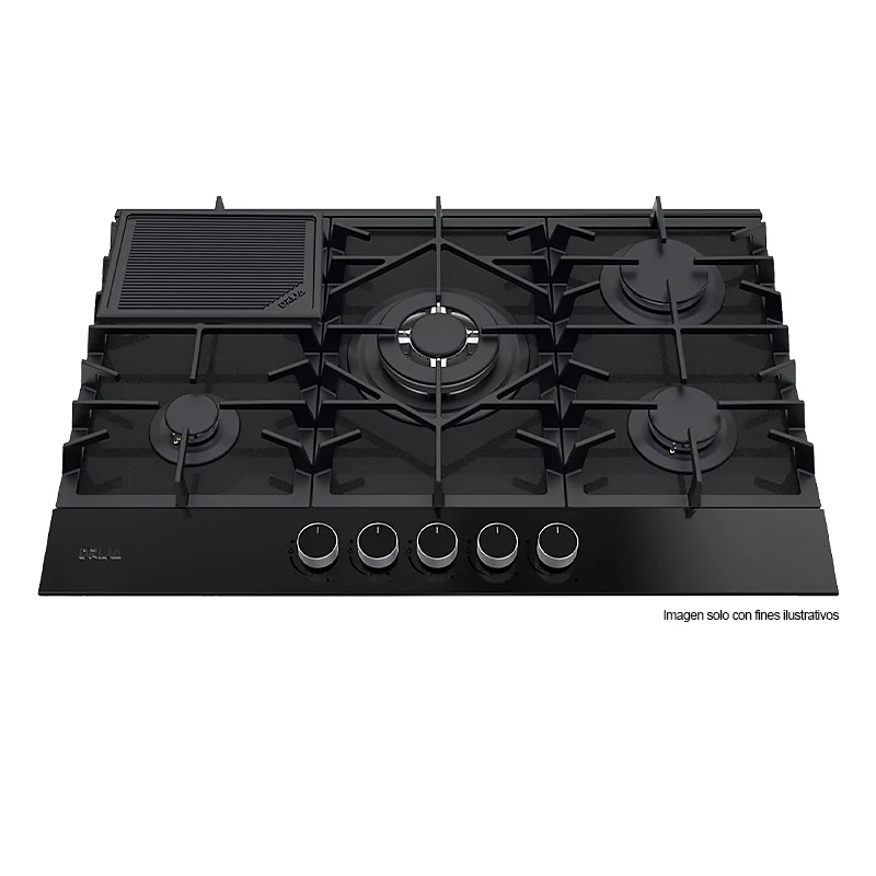 Estufa a gas 30" (76cm) Modelo FERRARA 76 PRO-B, Diseño de 5 quemadores SABAF de aluminio, superficie de vidrio templado negro.