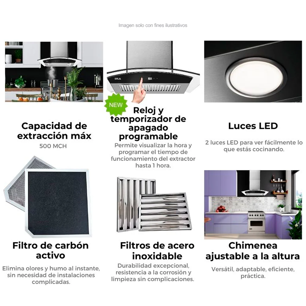 Extractor de grasa 29" (75cm) Prisma Touch 76 Black mate Drija 2 chimeneas iluminación LED, panel digital temporizador. - Image 3