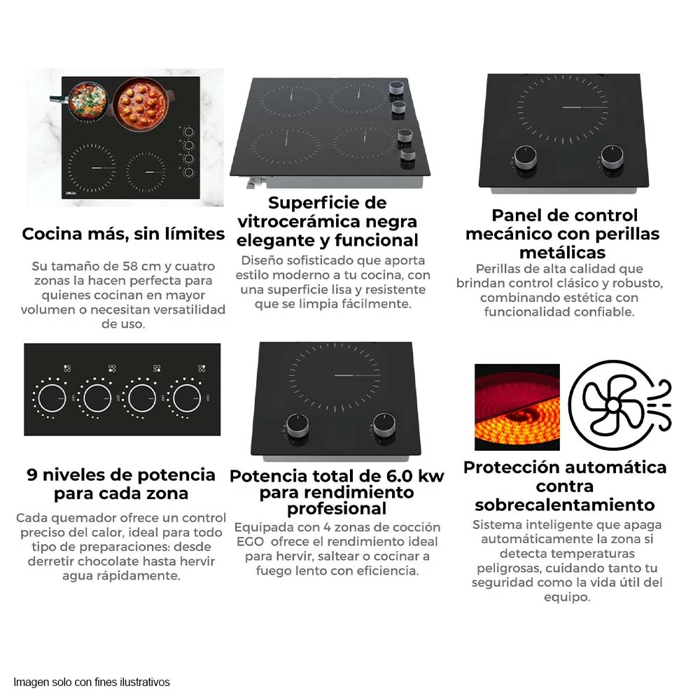 Estufa 24" empotrable eléctrica Bari 60 vitroceramica 4 zonas de cocción. - Image 4