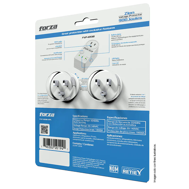 Protector de voltaje Zion 2-Pack, FVP-1201B 2PK, voltaje 110/120VCA - 50/60Hz 900J, NEMA-1 - Image 2