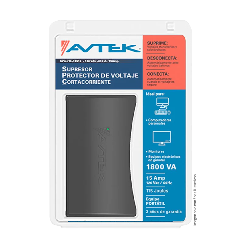 Multi protector de voltaje para equipos electrónicos P3T-1821 AVETK, 1800VA-15AMPS 115JOULES -120VAC 3TOMAS+2USB 2.4AMPS - Image 2