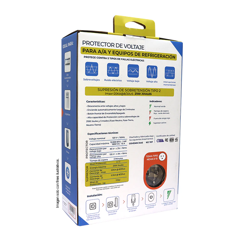 Protector de voltaje PATAS-1T515 AVTEK, para aires acondicionados y equipos de refrigeración, 15 Amp, 1HP, 120VAC-1800VA 12000BTU - Image 2
