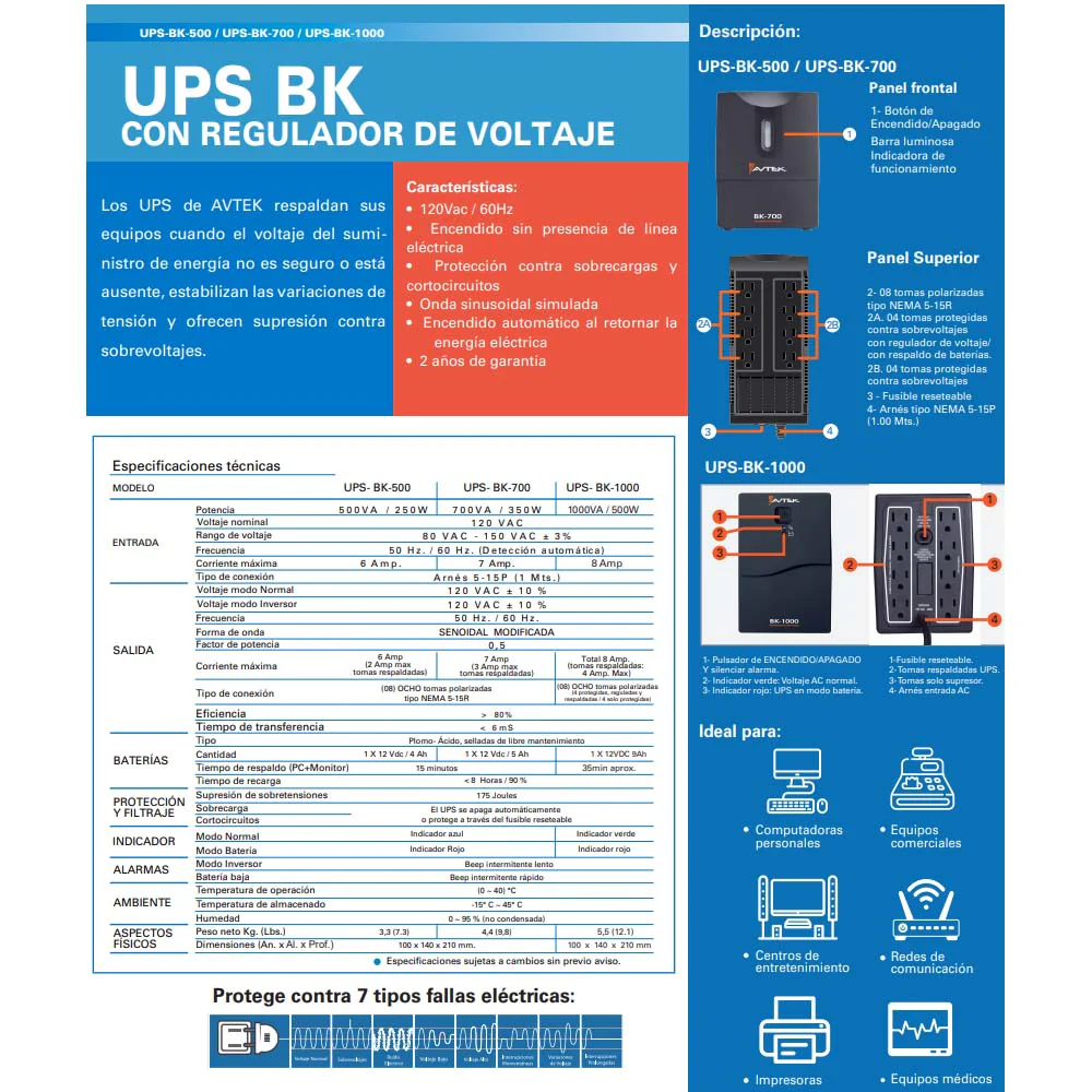 UPS Regulador de voltaje BK-1000 Avtek, hasta 100VA/500W 8 tomas Nema 5-15 120V 50-60hz. - Image 2
